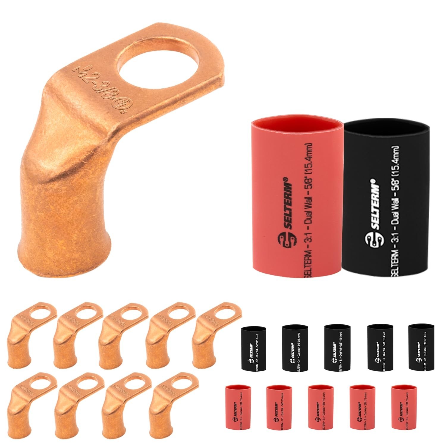 10pcs 2 AWG Battery Lugs 90° Bent Ring Terminals + 12 Heat Shrink Tubing Kit