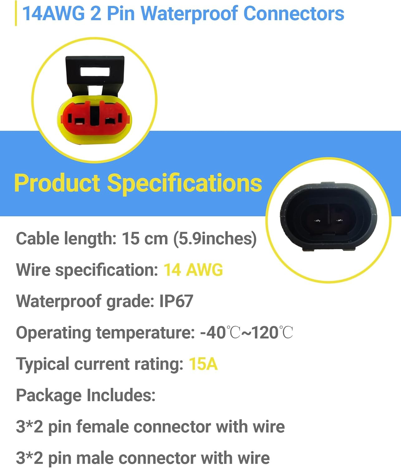 14 AWG 2 Pin Waterproof Connector, 2 Wire Automotive Waterproof Electrical Conne