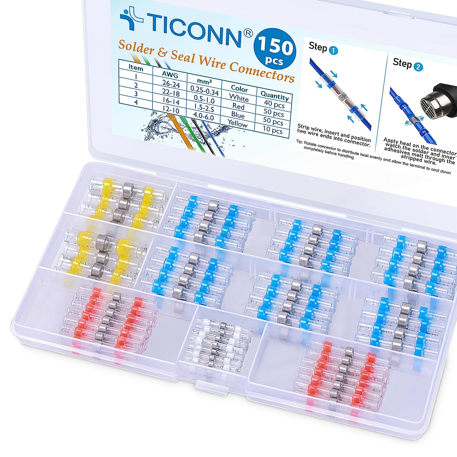 Ticonn 150 Pcs Solder Seal Wire Connectors, Heat Shrink Butt Connectors, Waterpr