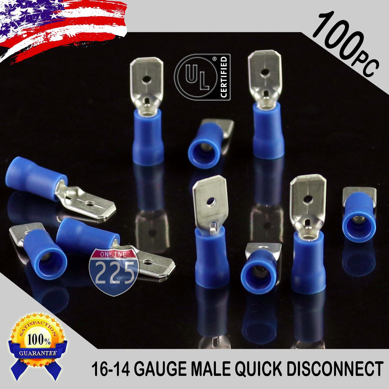 100 Pack 16-14ga Gauge Male Quick Disconnect Blue Vinyl Crimp Terminals .250″ US