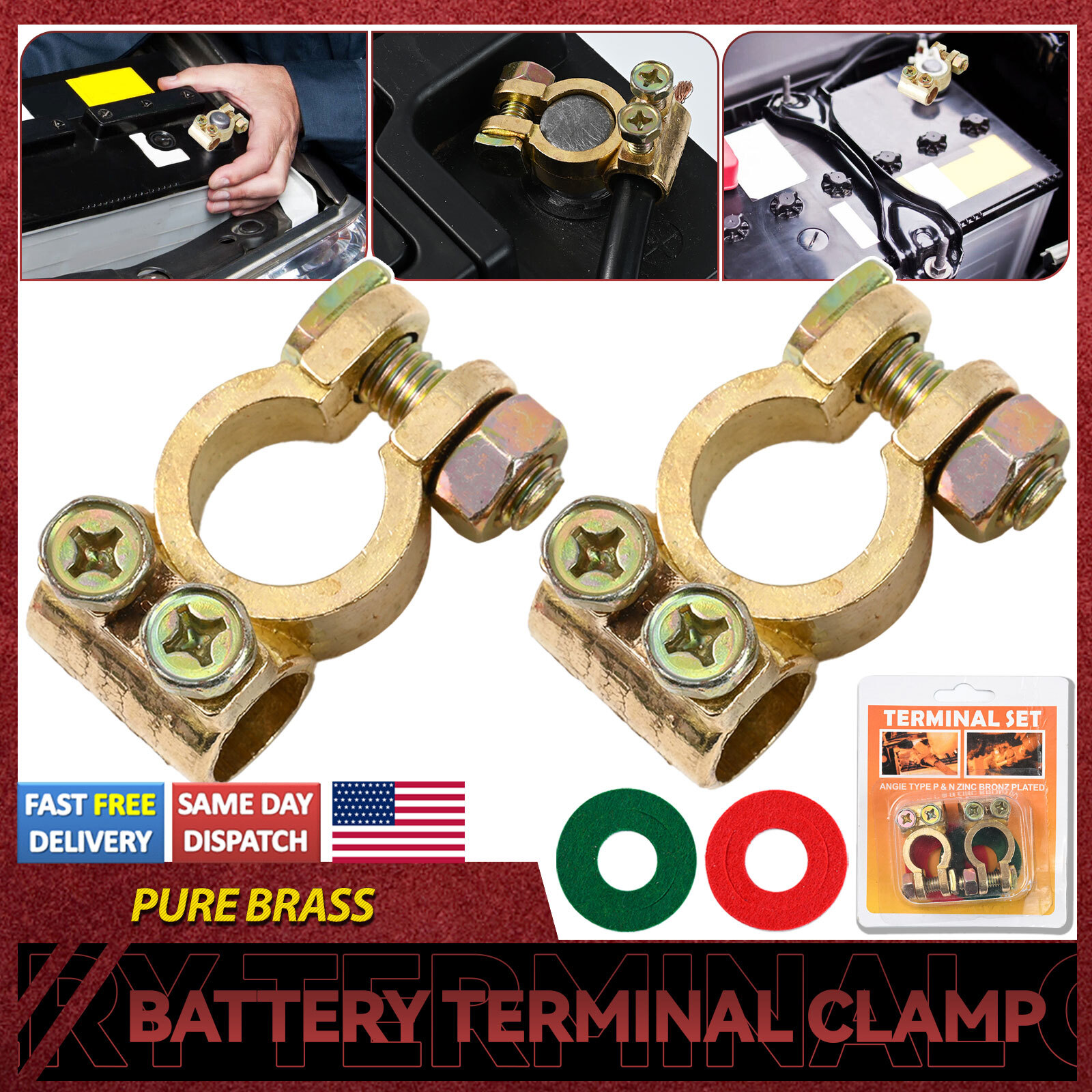 2 x Pure Brass Battery Terminals Connectors Clamps Top-Post Protector w/ Washers
