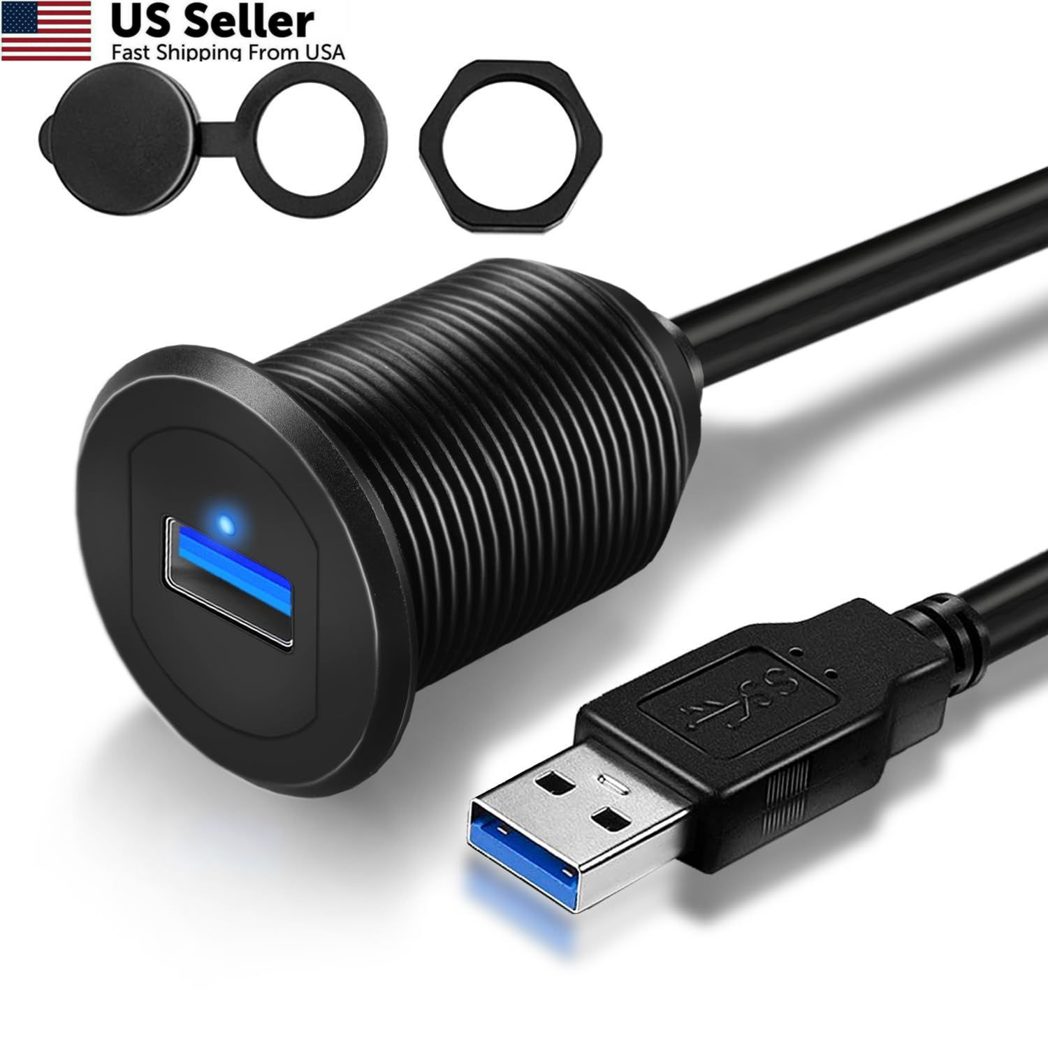 GOBGOD Single Port USB 3.0 Car Mount Flush Cable Male to Female 1ft, Black