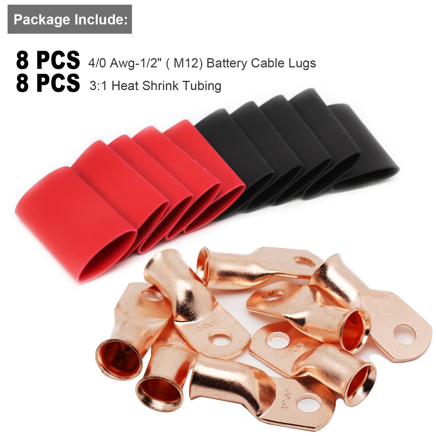 8pcs Copper Ring Terminals Heavy Duty 4/0 Awg 1/2″ M12 Cable Lugs for Battery