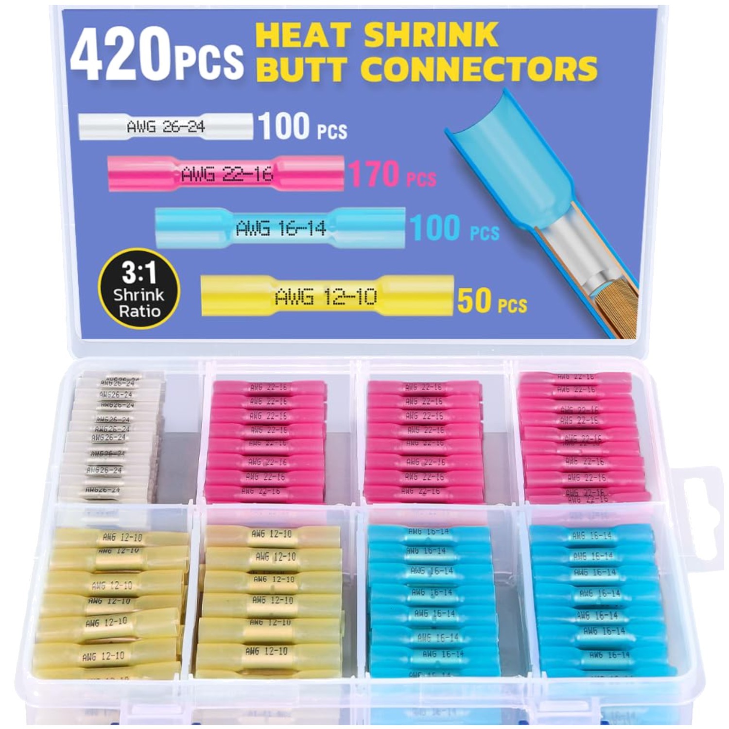 Copper Core Heat Shrink Butt Connectors – 4 Colors, 4 Sizes