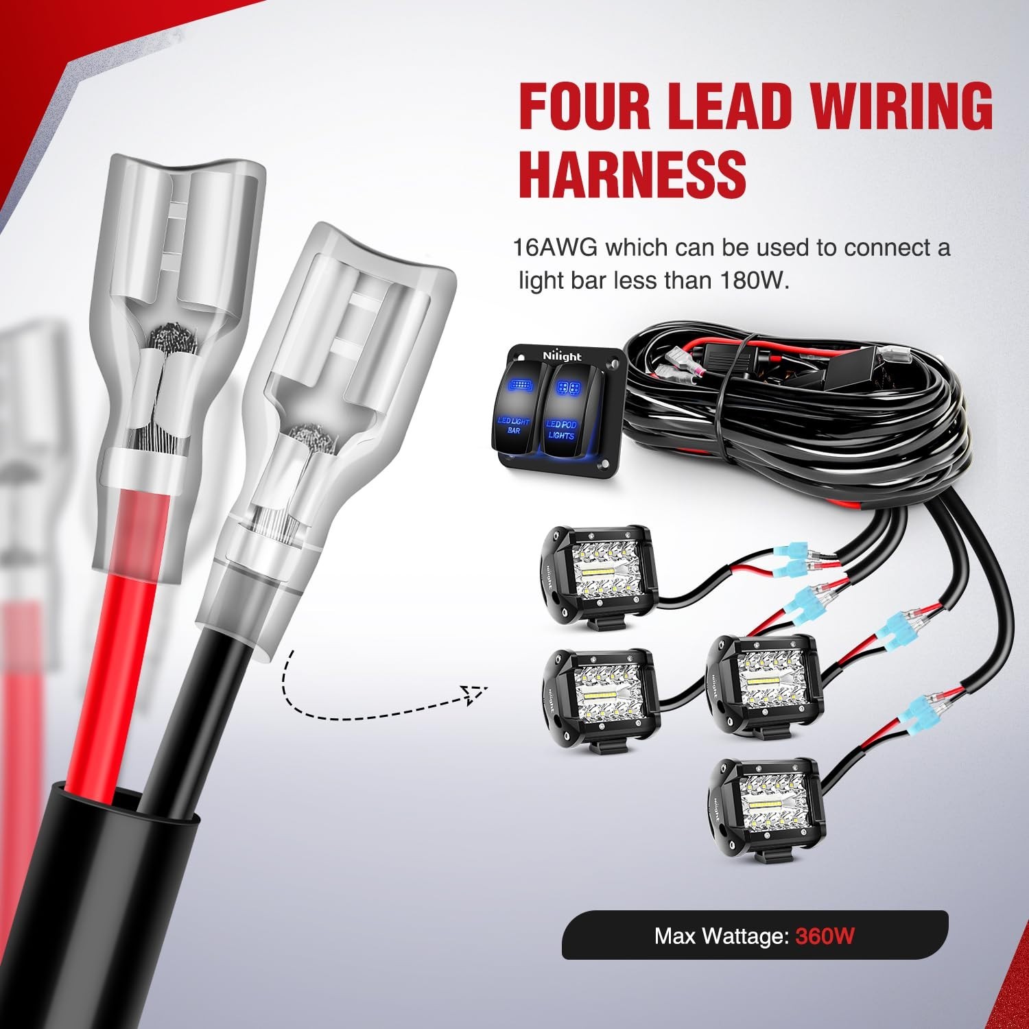 16AWG LED Light Bar Wiring Harness Kit 12V On/Off 2 Gang Rocker Switch Panel Pow