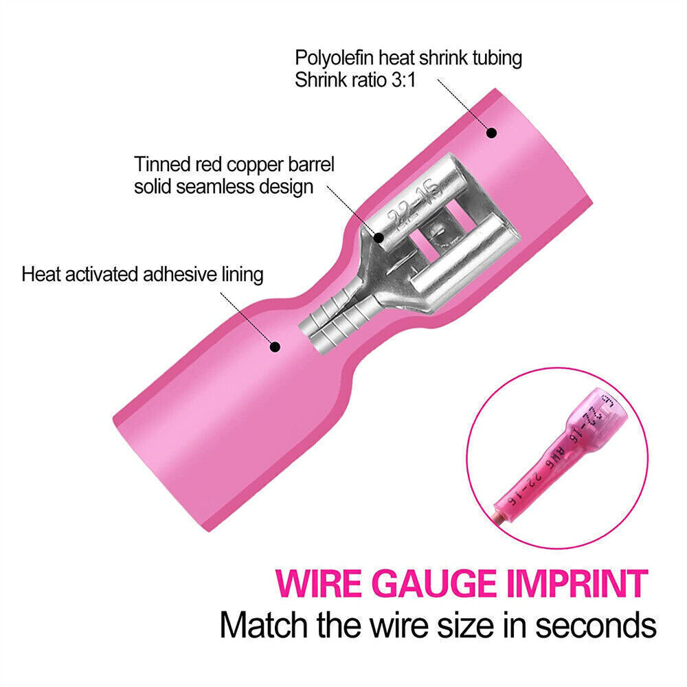 22-10AWG Female Spade Connectors Terminals Heat Shrink Wire Quick Disconnect