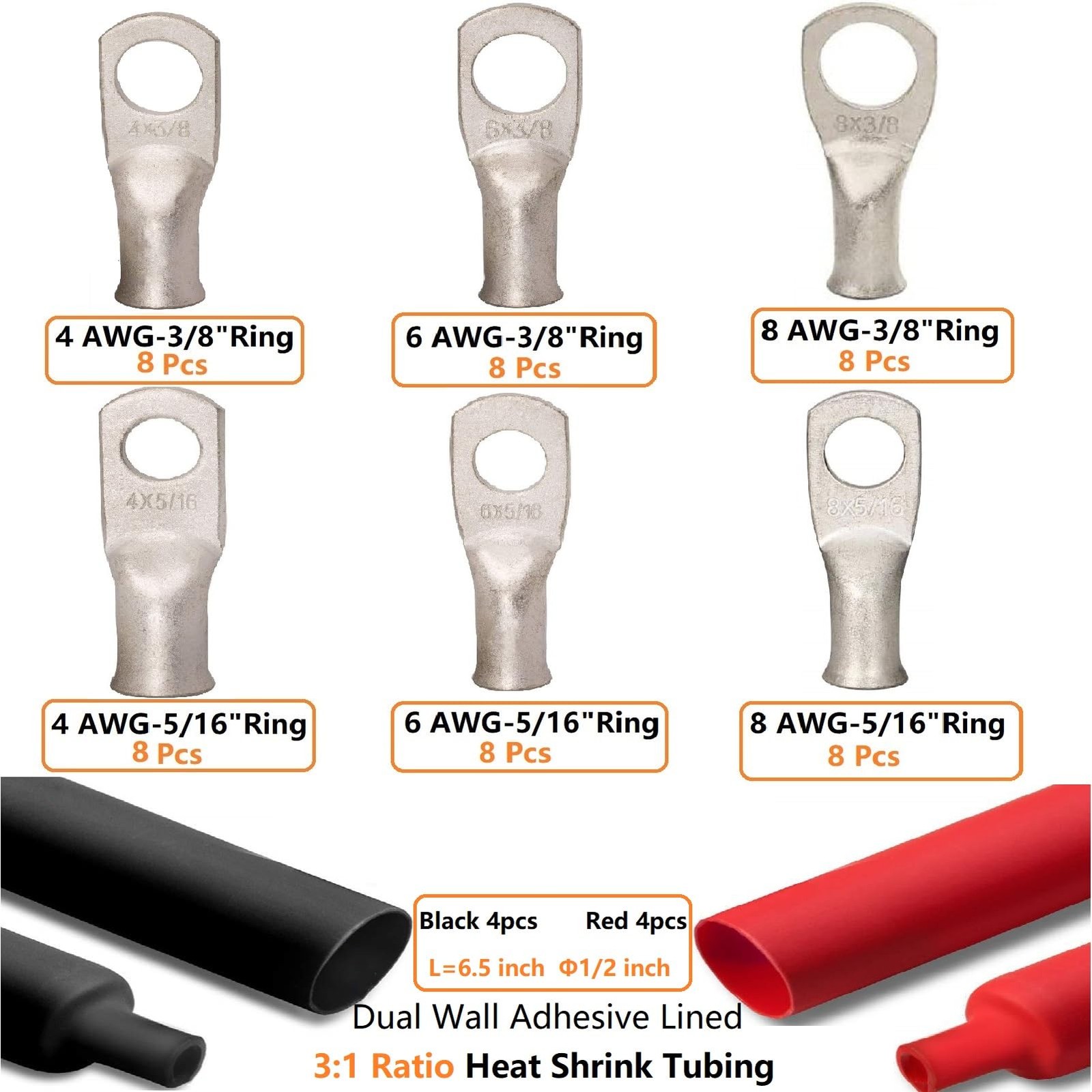 SVAAR 4 6 8 AWG Battery Cable Lug Ring Terminals Tinned Copper 3/8 5/16