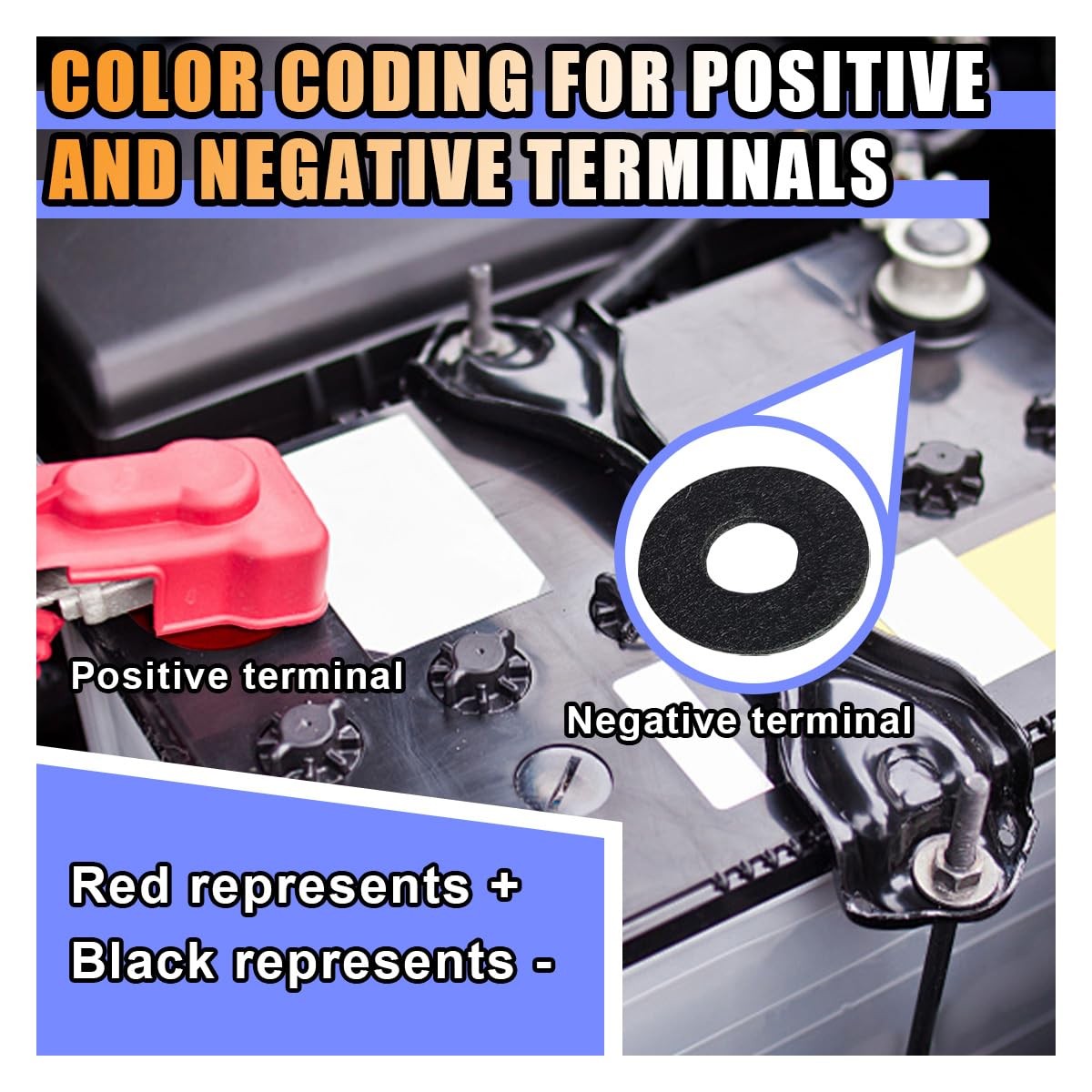 12 PCS Battery Terminal Washer Pad Anti Corrosion Fiber Top Side Red Black
