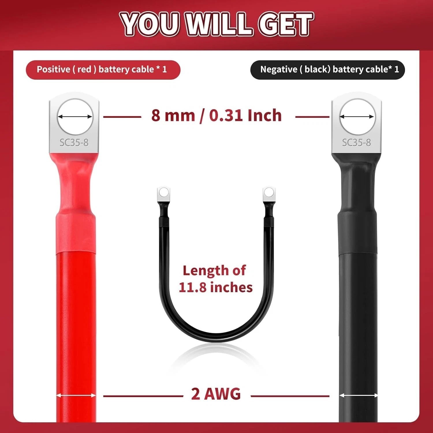 2 AWG Battery Cable 2 Pcs, Battery Cables with M8 Ring Terminals, Marine Batt…