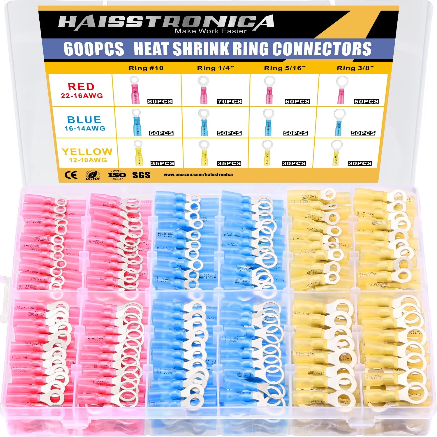 haisstronica 600PCS Heat Shrink Ring Connectors,AWG 22-10 Marine Grade Heat