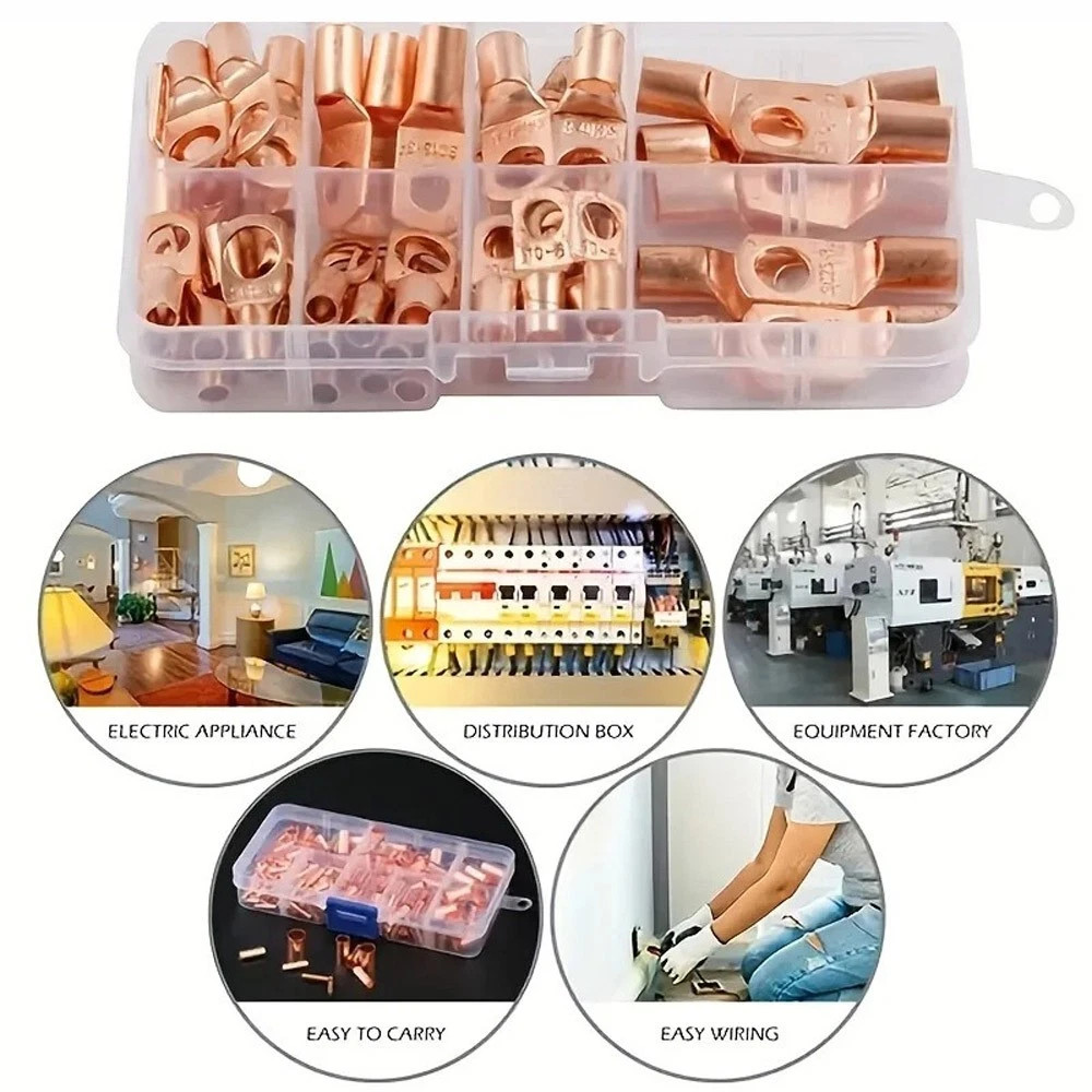 140PCS Copper Lugs Ring Terminals Bare Battery Welding Crimp Wire Connectors Kit