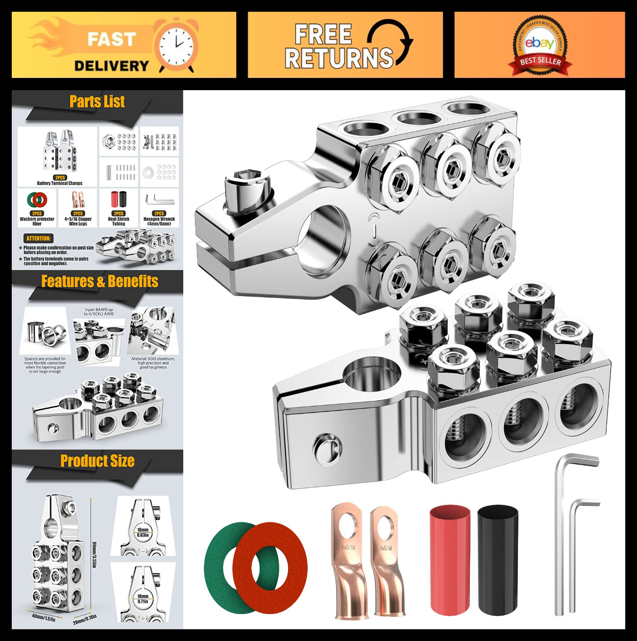 12-Way Battery Terminal Connectors Clamps, 8AWG to 4/0 AWG, Positive & Negative