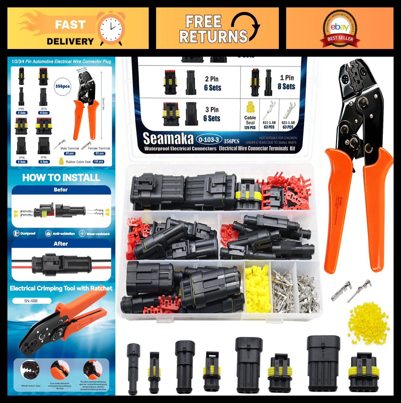 356Pcs Waterproof Automotive Wiring Connector Kit – 1/2/3/4 Pin Male & Female wi
