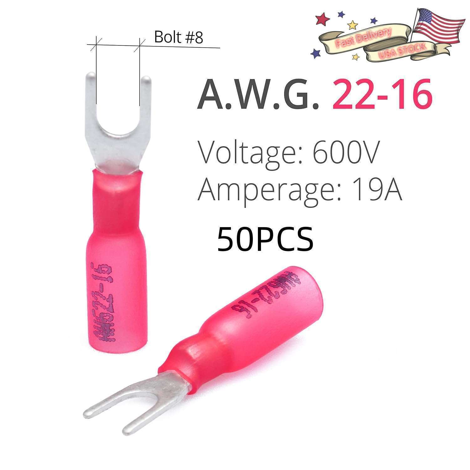 AWG22-10 Heat Shrink Fork #8 Stud Wire Spade Crimp Terminal Connector Waterproof