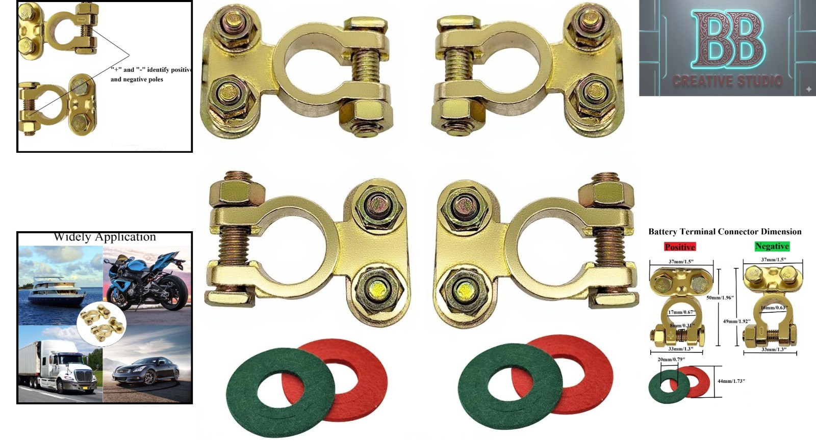 Versatile 12V Battery Terminal Connectors for Car, Boat, RV & ATV – Gold Finish
