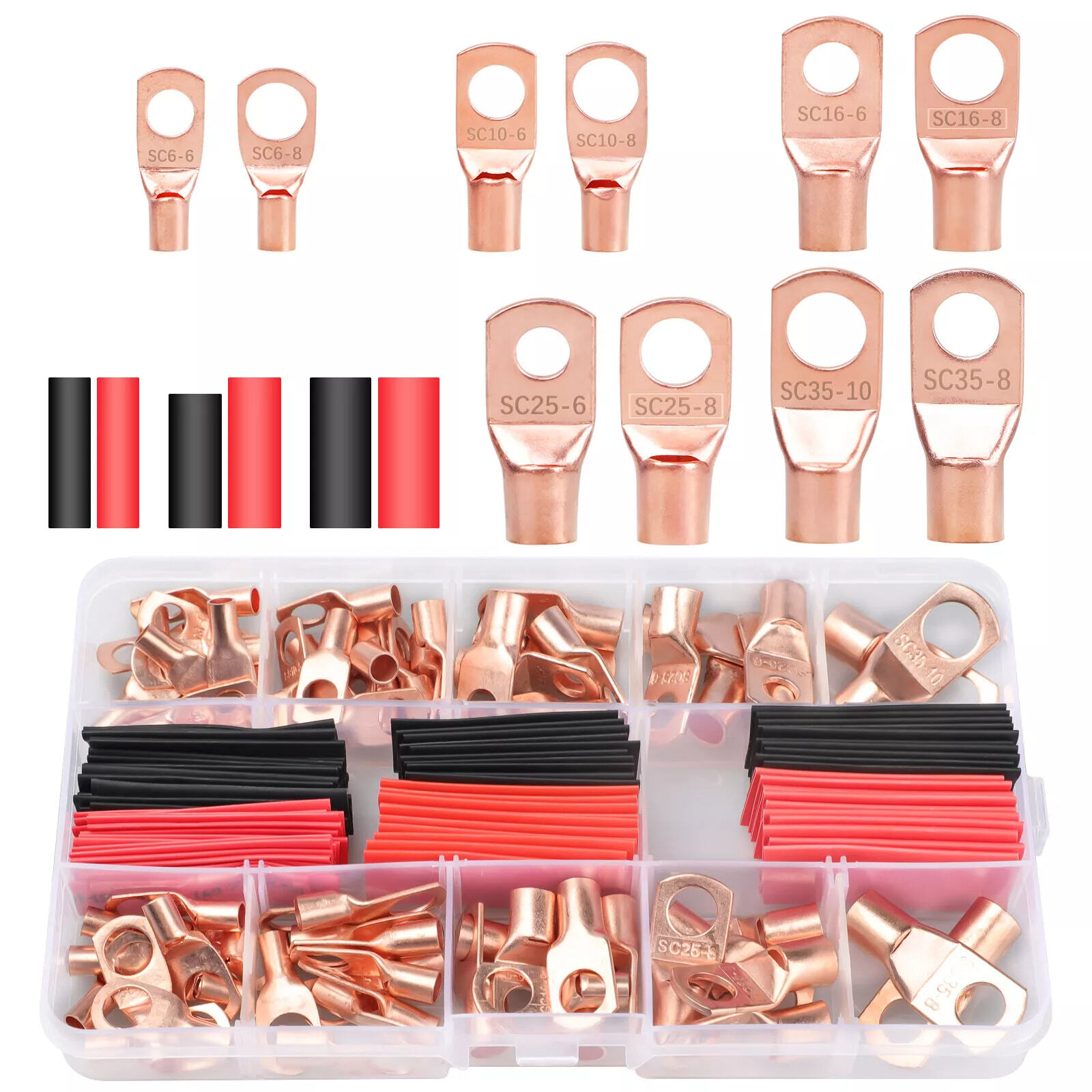 150pcs Battery Cable Ends Copper Wire Lugs Assortment AWG 2 4 6 8 10 Gauge Kit w