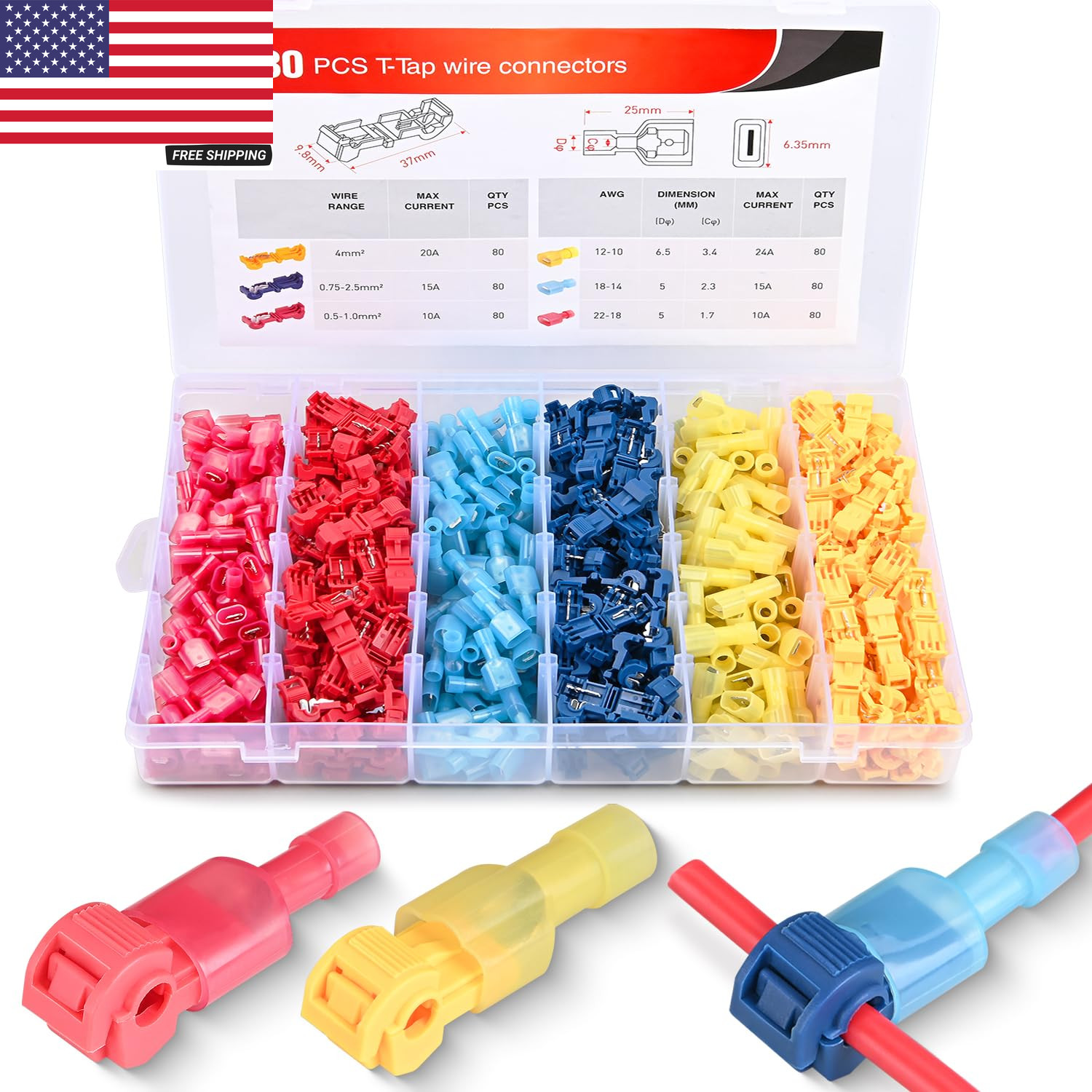 480PCS/80 Pairs T-Tap Wire Connectors Self-Stripping Quick Splice Electrical Wir