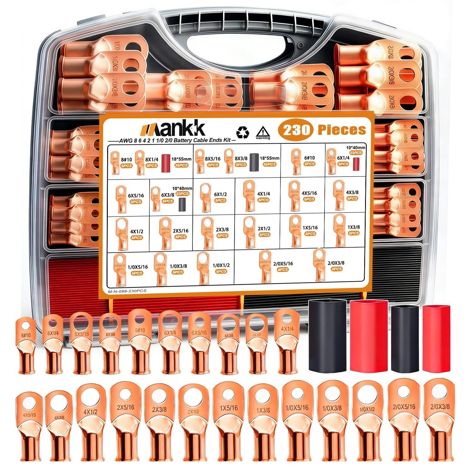 Battery Terminal Connectors 230PCS Copper Wire Lugs AWG 1 2 4 6 8 1/0 2/0 Gauge