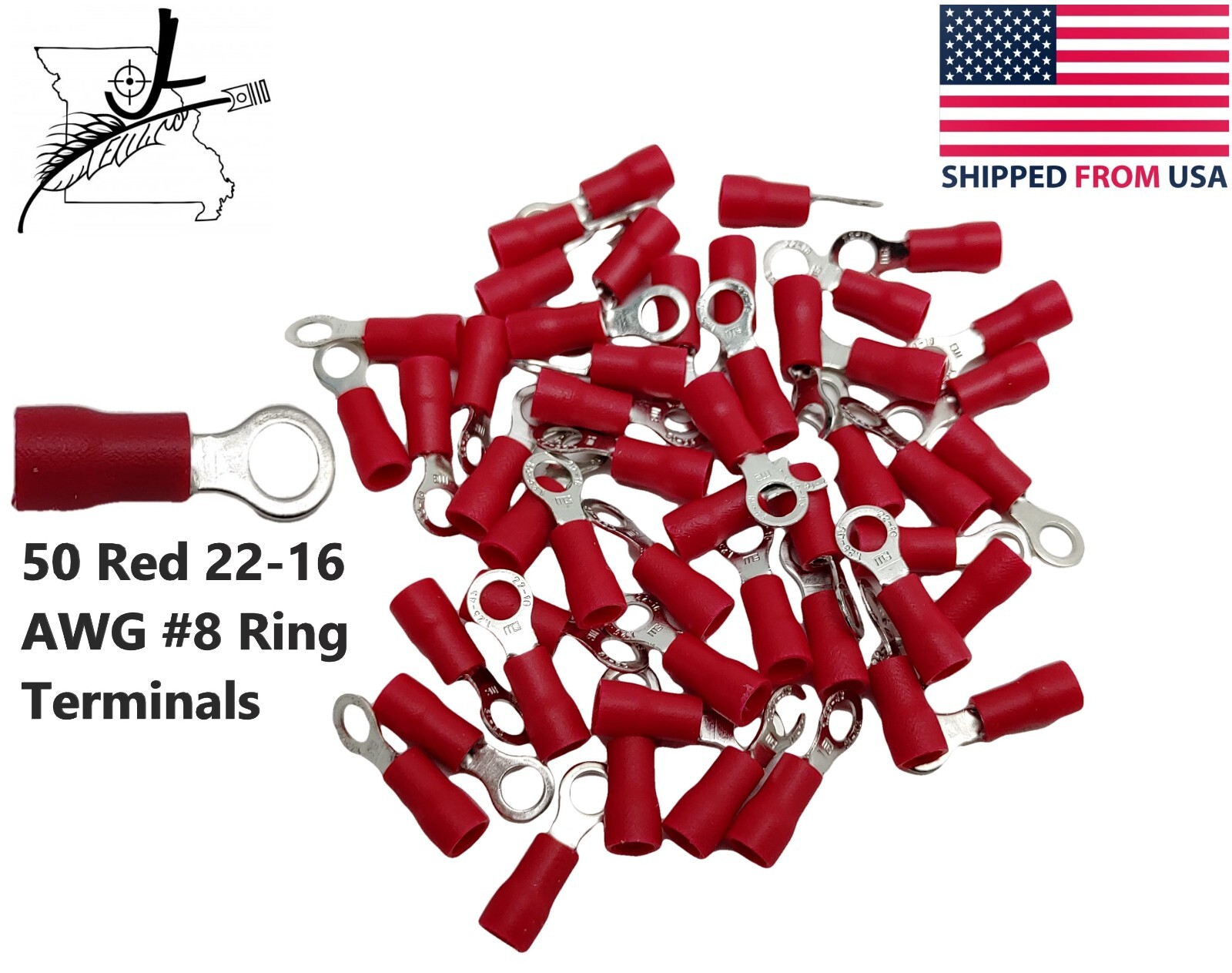 50x Red 22-16 AWG #8 Ring Terminal Wiring Wire Splice Crimp On Sleeved Insulated