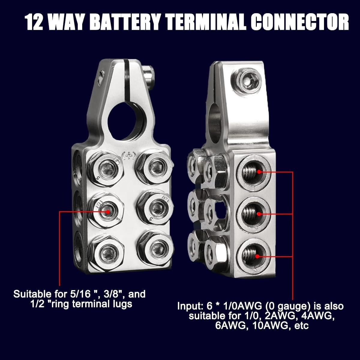 Car Battery Terminal Connector 12-Way Vehicle 8AWG up to 4/0(XL) AWG Gauge Clamp