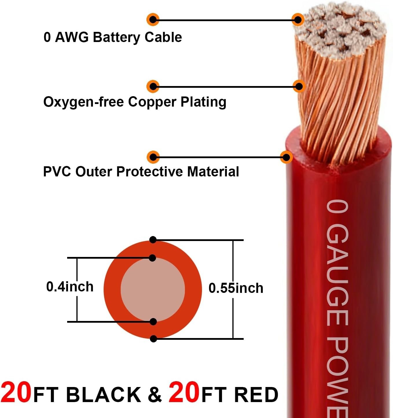 1/0 AWG Battery Cable Kit, 40 Ft, Red Black, CCA, 20 Pc Lugs, Heat Shrink Tube