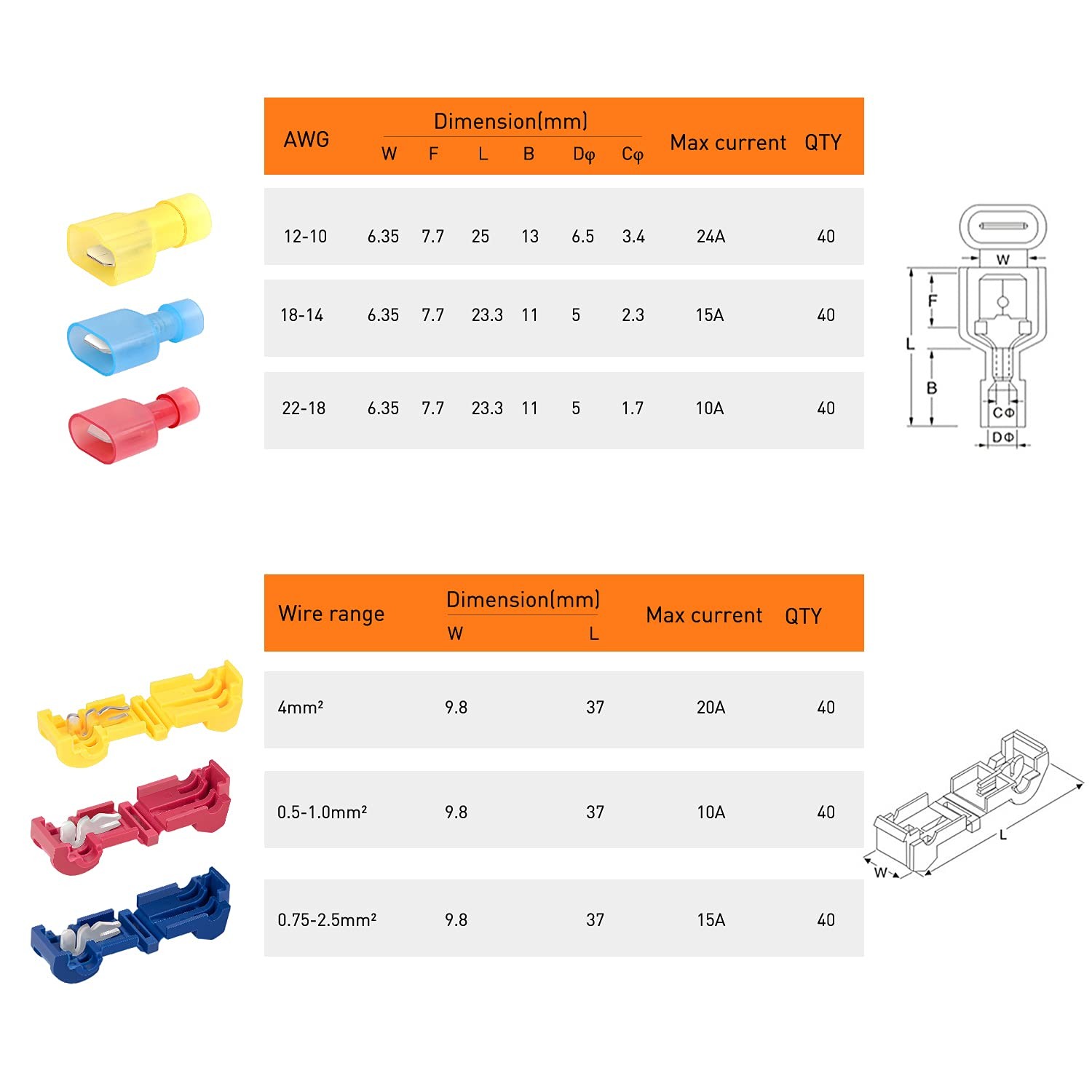 Nilight – 50004R 120 Pcs/60 Pairs Quick Splice Wire Terminals T-Tap Self-