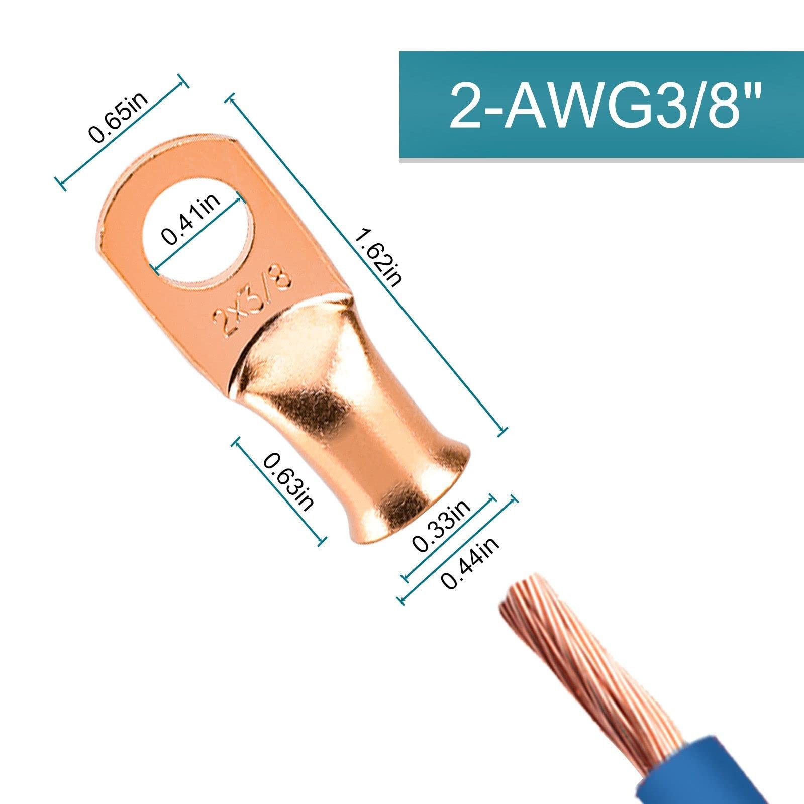 10PCS Battery Cable Ends, 2 Gauge Wire Connectors 3/8 2AWG*3/8″(M10), Copper