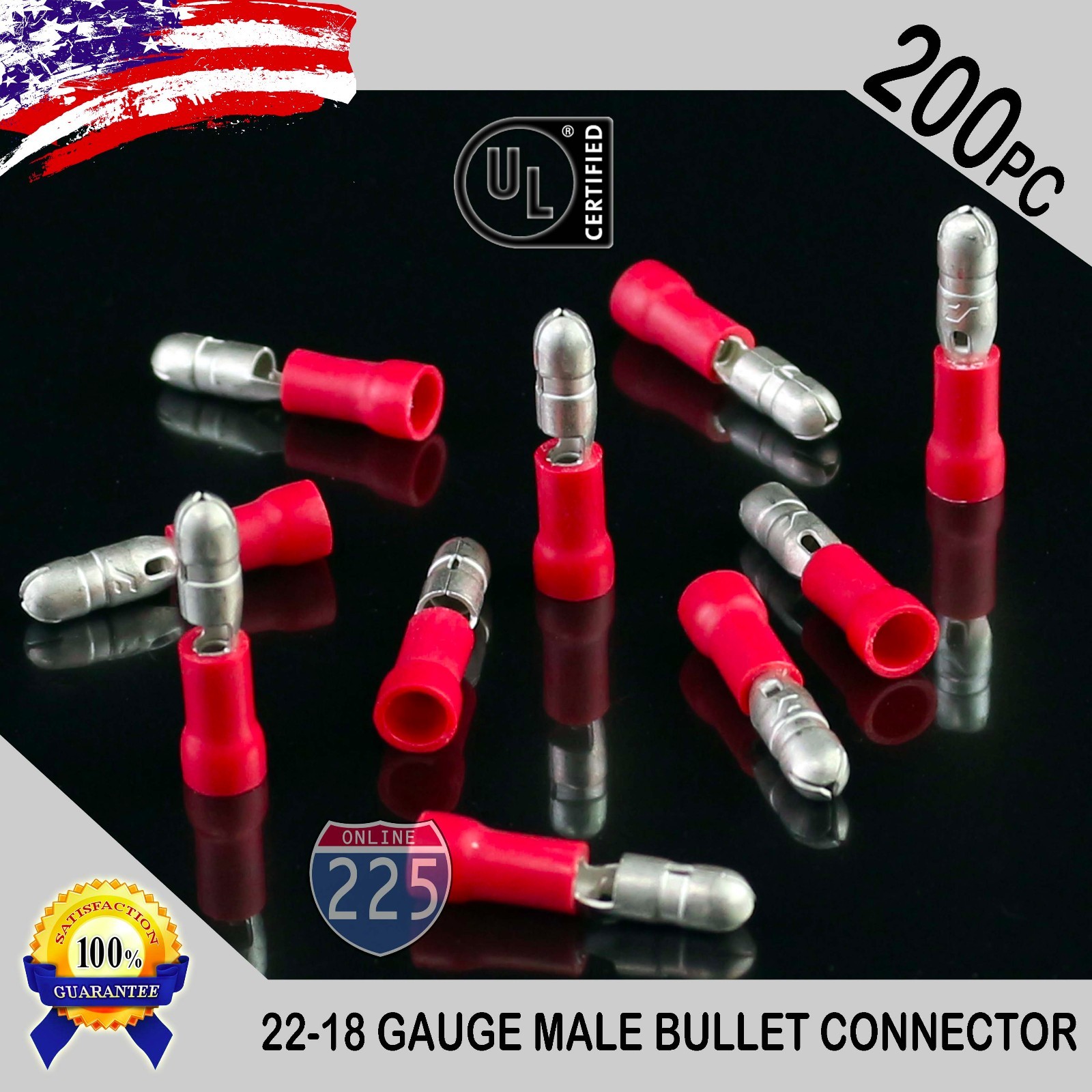 200 Pack 22-18 Gauge Red Male Bullet Connectors Fully Insulated Vinyl .156″ UL