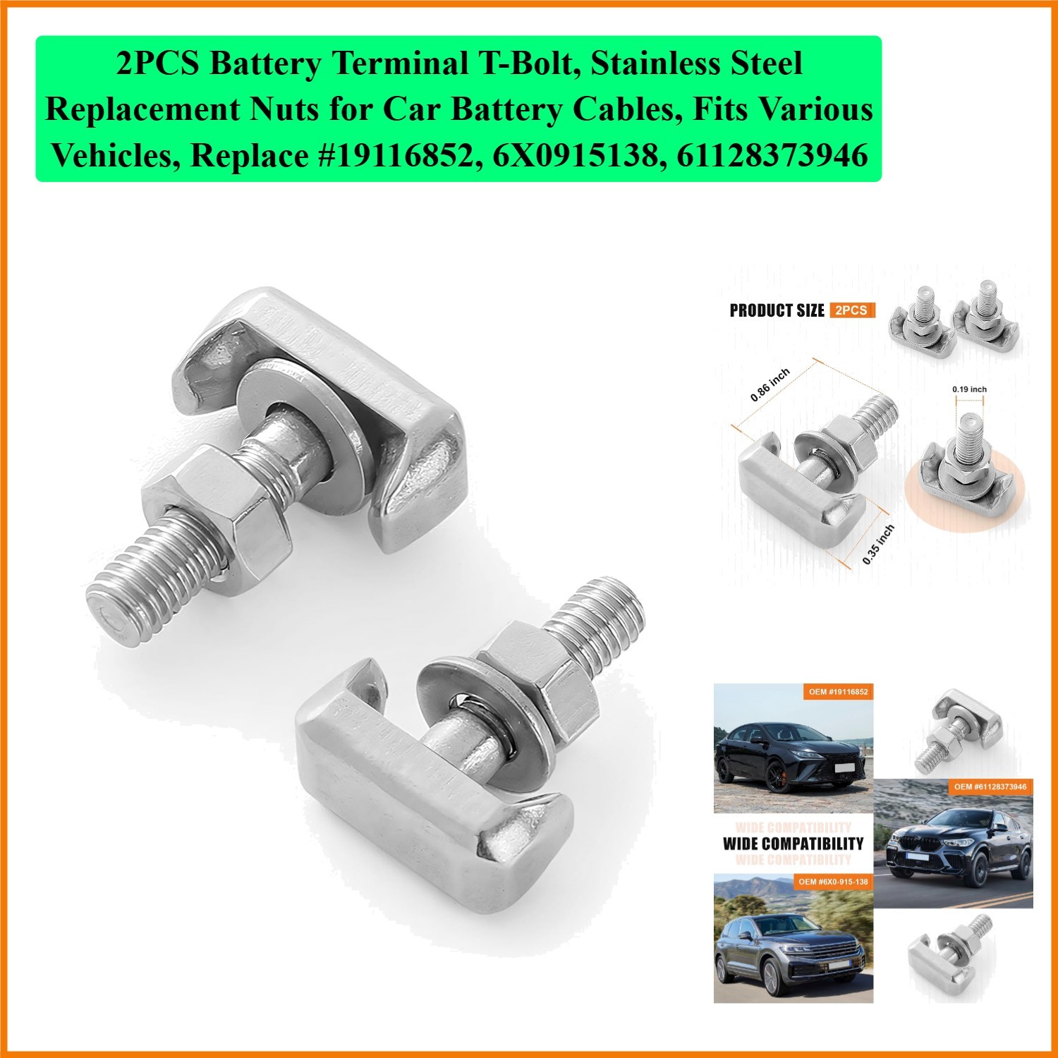 2PCS Battery Terminal T-Bolt, Stainless Steel Replacement Nuts for Car Batter…