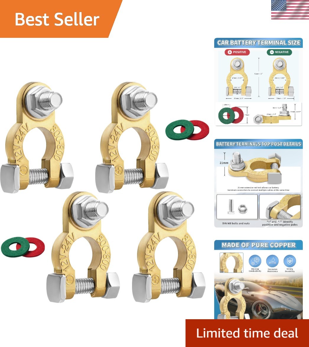 M8 x 21mm Pure Copper Battery Terminal Connectors – Anti-Corrosion Pad Included
