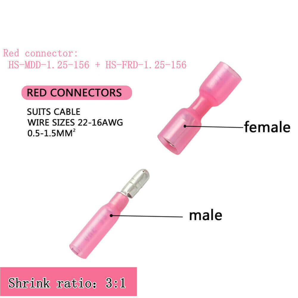 100Pcs 22-16 AWG Heat Shrink Wire Connectors Male Female Bullet Crimp Terminals