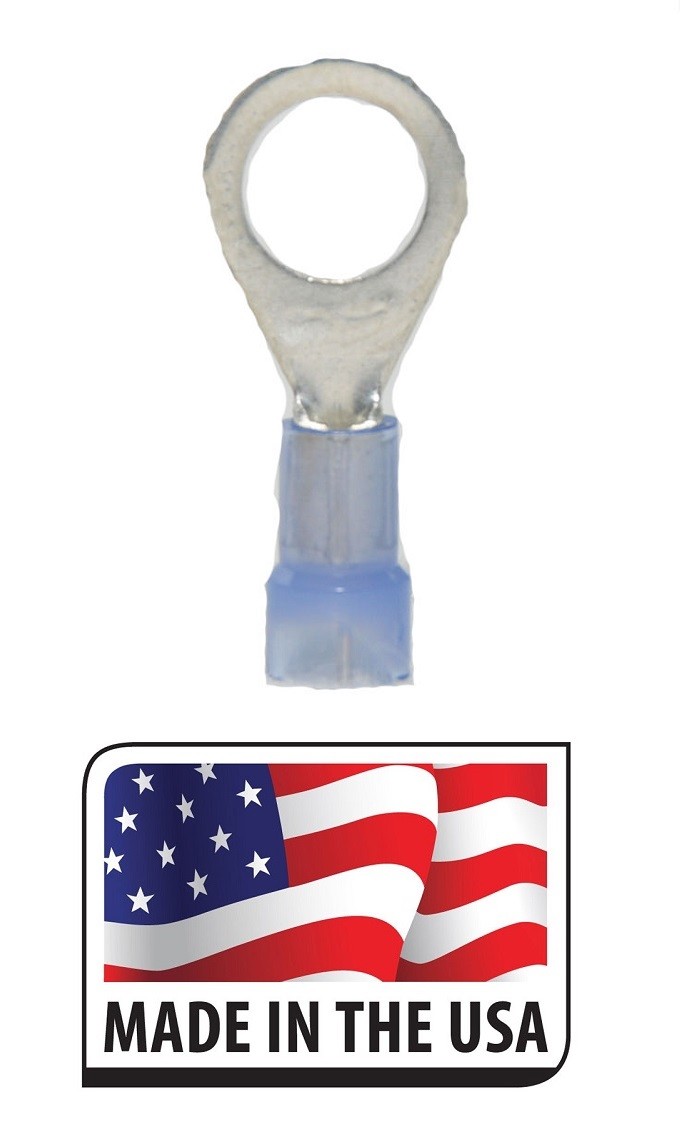 (100) 16-14 BLUE NYLON 3/8 RING TERMINAL ELECTRICAL CONNECTOR MADE IN USA 3/8″