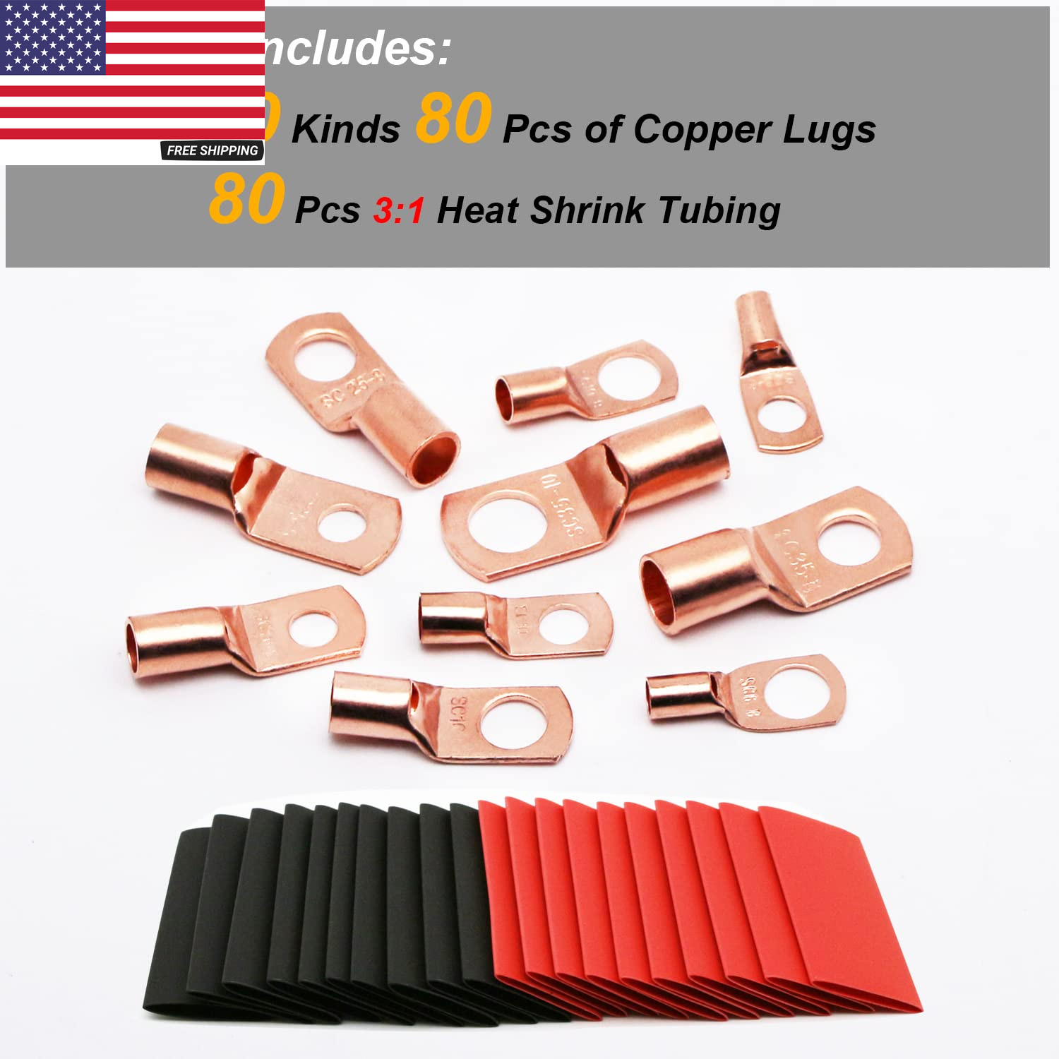 100Pcs Copper Wire Lugs AWG 6 8 10 12 with Heat Shrink Set, 50Pcs Battery Cable