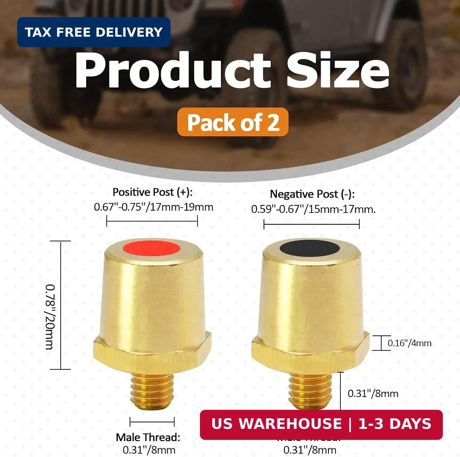 M8 Thread Male Battery Terminal Charging Post, 1 Pair | Brass, Battery Post Adap