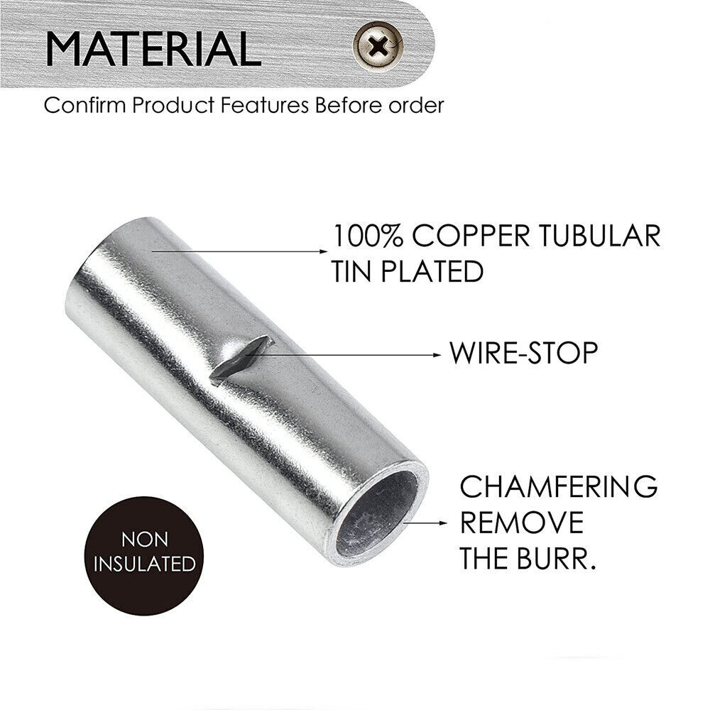 BN Non-Insulated Bare Copper Wire Butt Splice Connector Ferrule Crimp Terminals