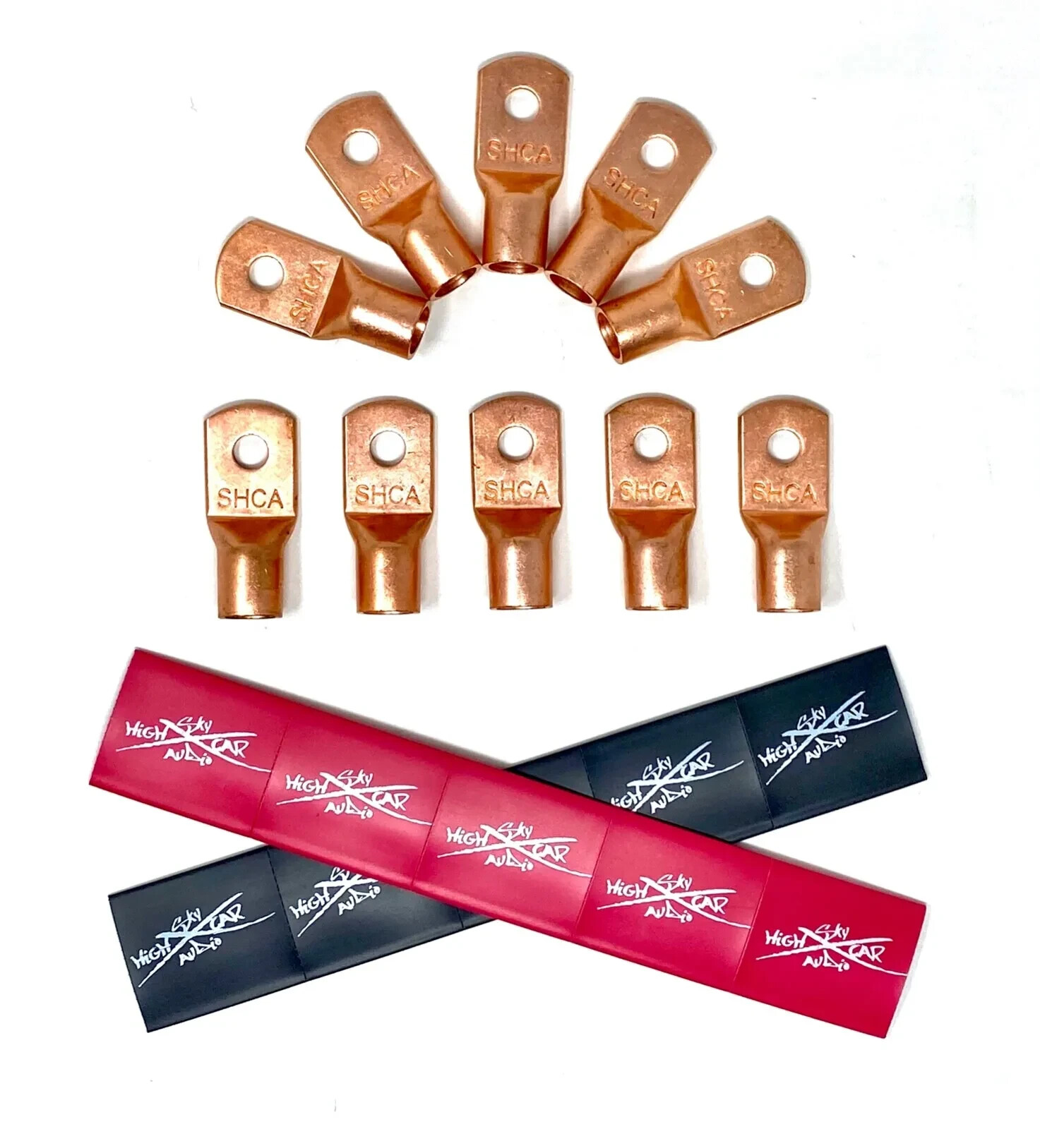 (10) 2/0 Gauge Copper Ring Terminals w/ RED & BLACK Heat Shrink Tubing Lugs 3/8″