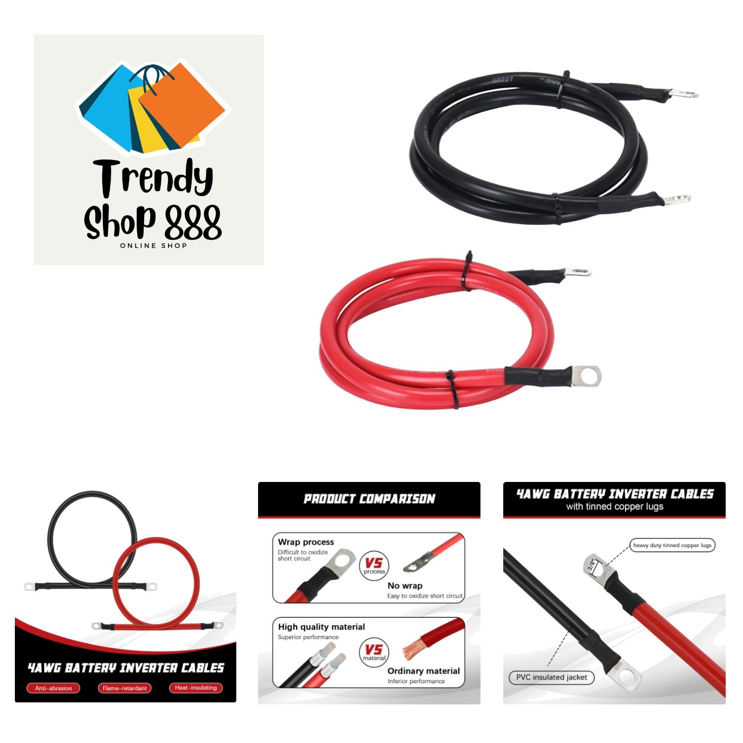 4 AWG Battery Cable 6FT 4 Gauge Pure Copper Battery Inverter Cables with 3/8 …