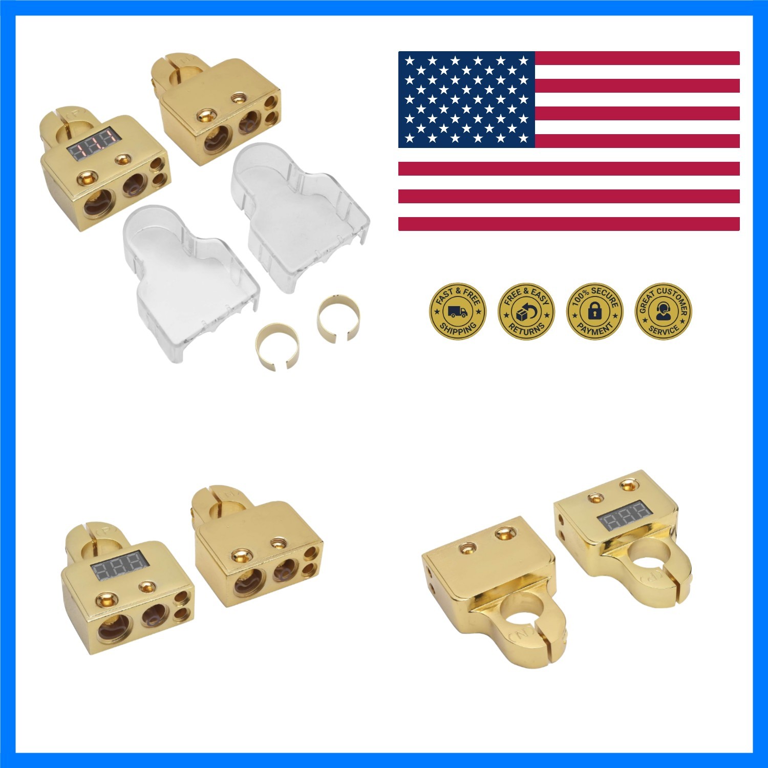 Car Battery Terminal Connectors Kit with Digital Voltmeter 0/4/8/10 AWG Gold …