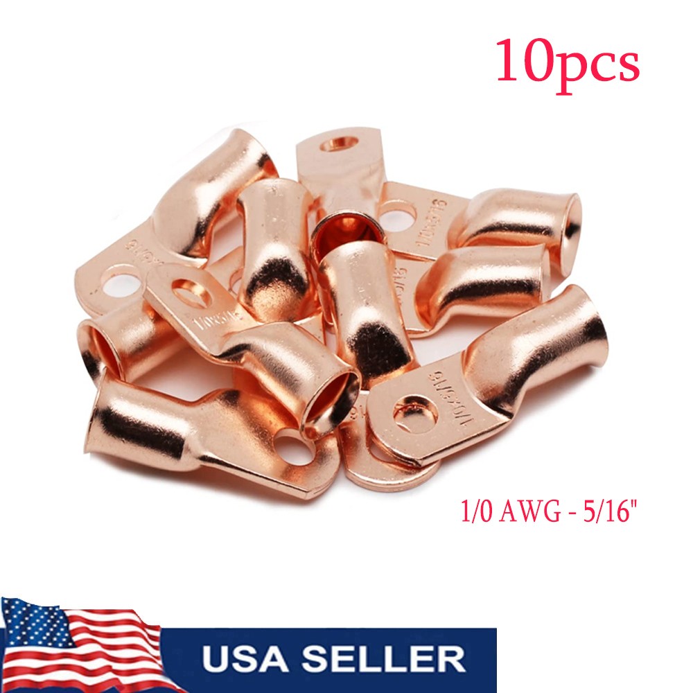 1/0 Gauge AWG Non-Insulated Pure Copper Lugs 5/16″ Ring Terminal Connector 10pcs