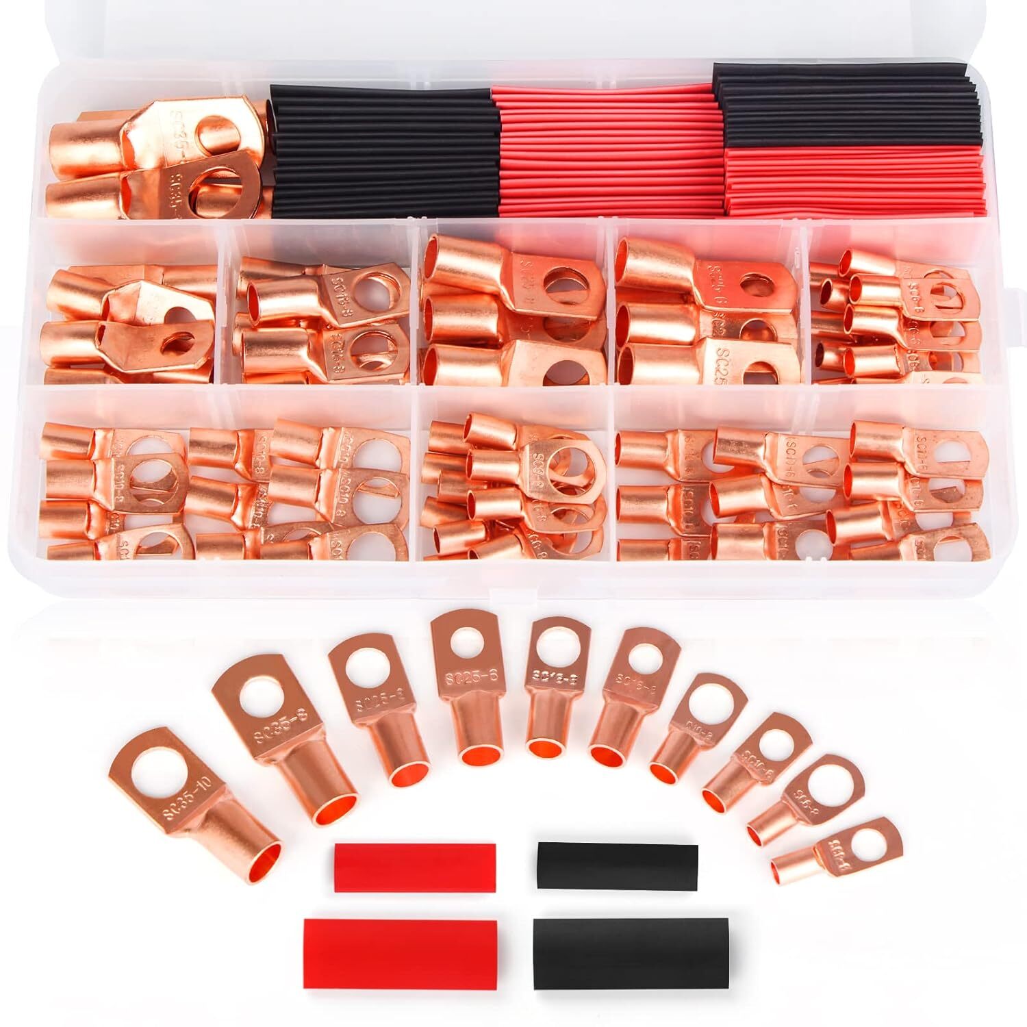 260Pcs Battery Copper Wire Lugs Kit Crimp Cable Ends Ring Terminals with Tubing