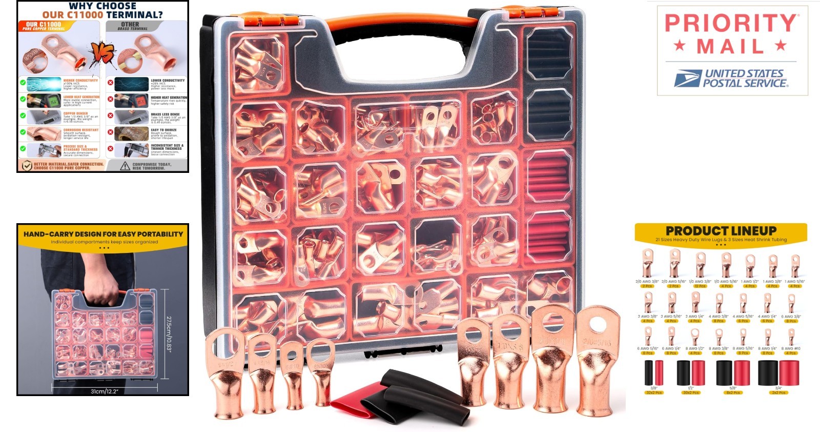 264 Pcs Copper Battery Lugs Heat Shrink Tubing 120 Terminals for Auto Marine Use