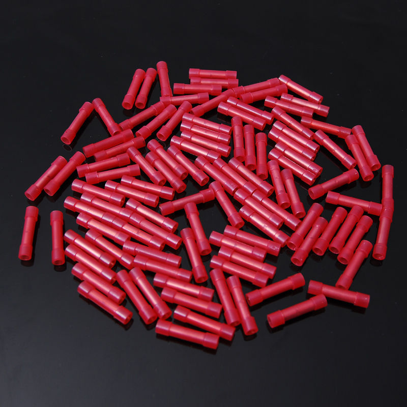 100 pcs Pack 22-18 AWG GA Wire Seamless Red Nylon Butt Connectors Crimp Terminal