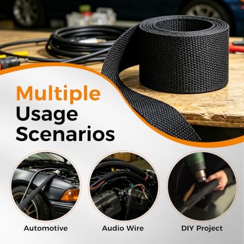 2:1 Ratio Automotive Heat Shrink Braided Sleeving 1”-8ft | Black 2 in 1 Ratio