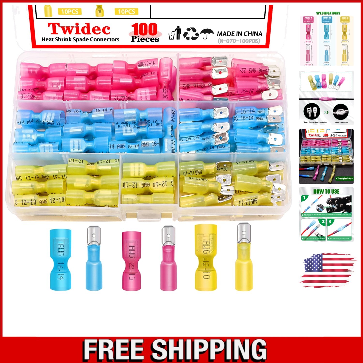 Corrosion-Resistant Heat Shrink Spade Terminal Kit – 22-10 AWG – 100 Pieces