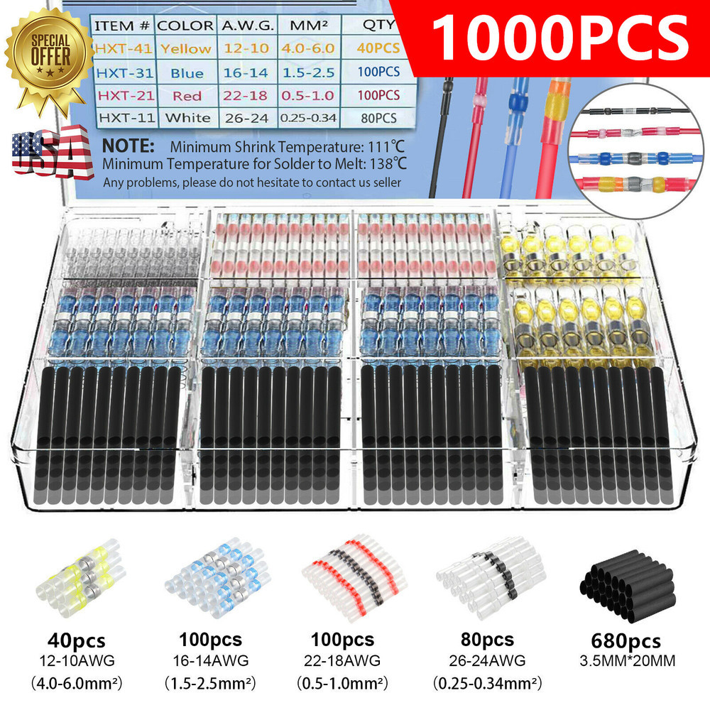 1000Pcs 26-10 AWG Solder Seal Sleeve Wire Connector Waterproof Butt Terminals US