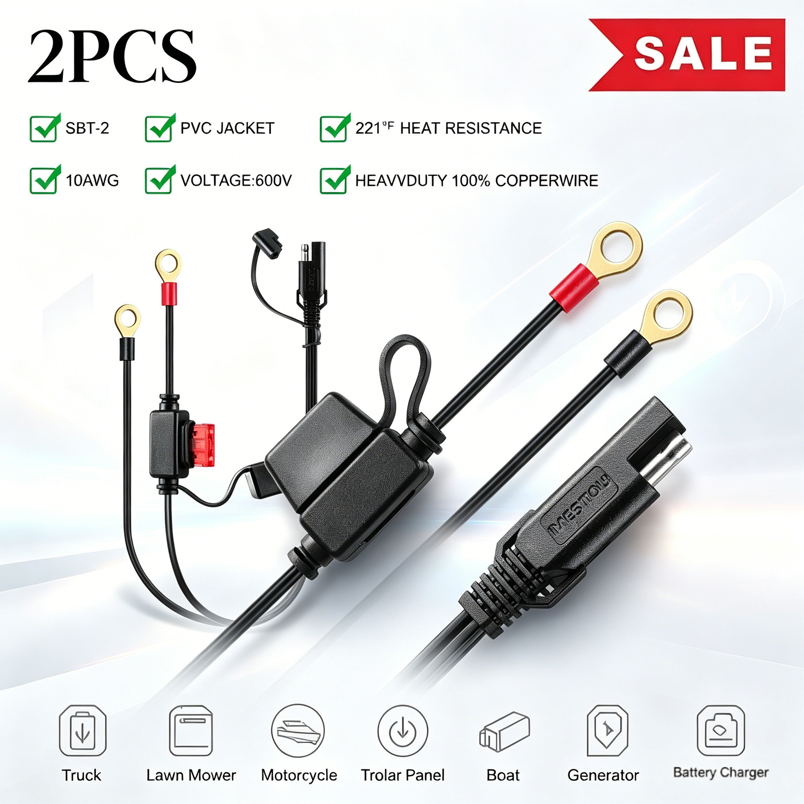 2PCS SAE Extension Cable 2FT 10AWG Battery Connector Ring Terminal Harness Acce