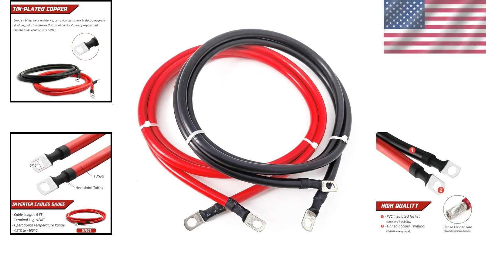 Heavy Duty 2 AWG Battery Cables 5FT – 2x Pure Copper, 5/16 Lugs, Heat Resista…