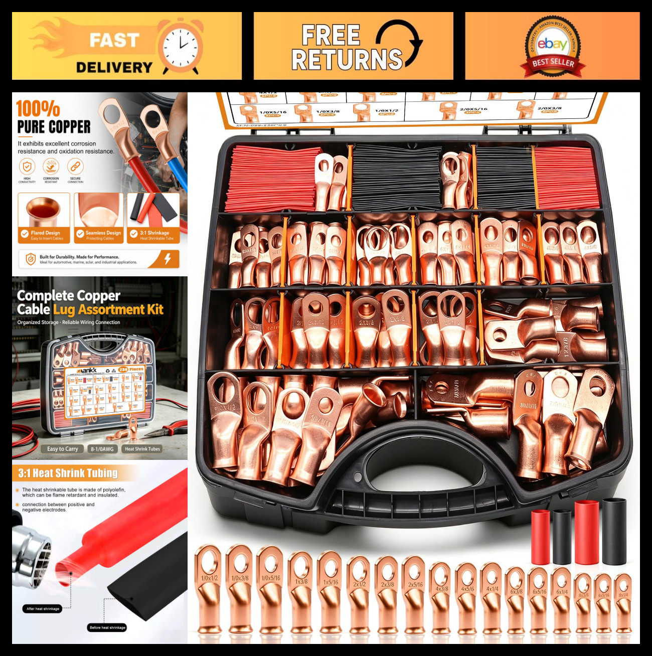 230PCS Copper Wire Lugs & Battery Terminal Connectors Kit with Heat Shrink Tubin
