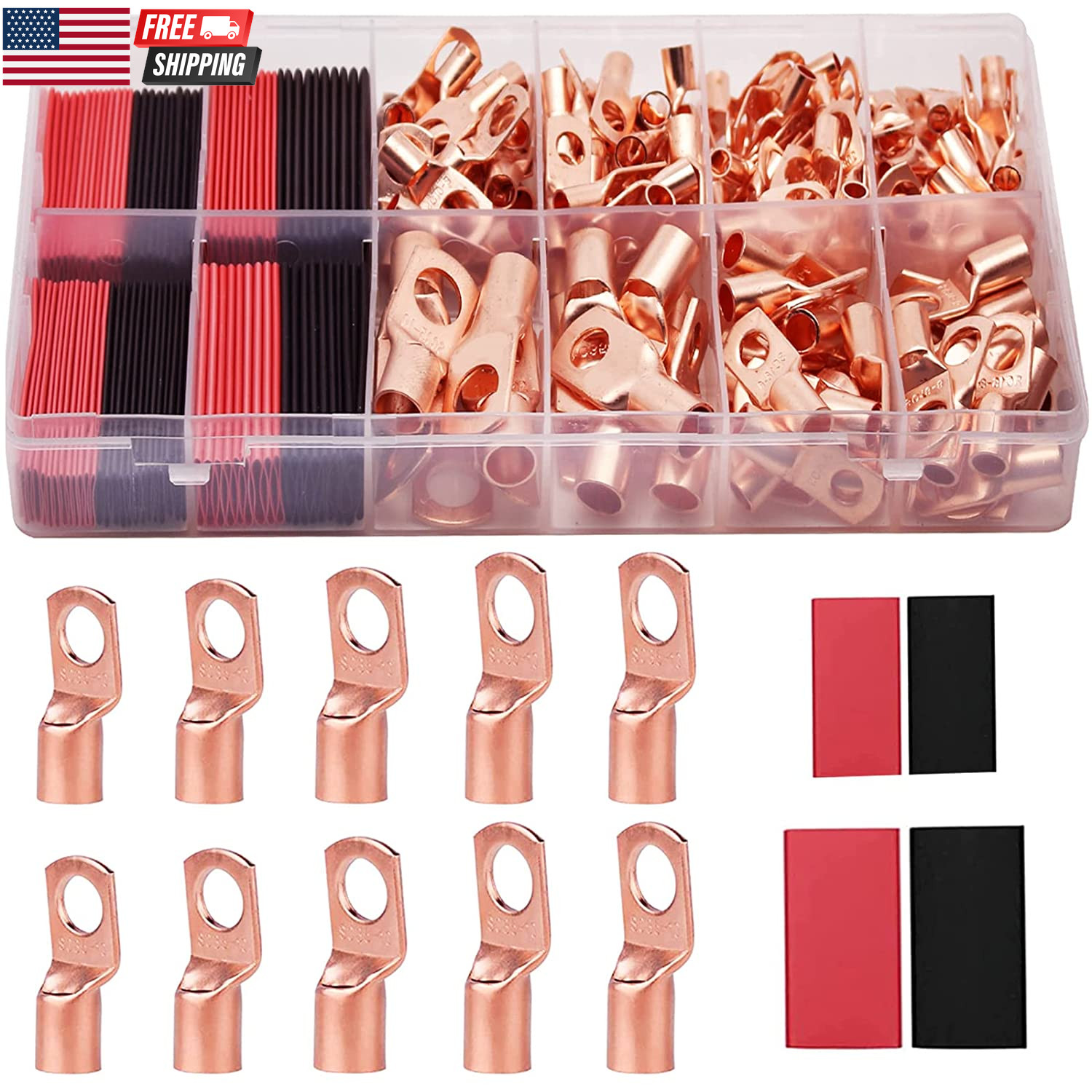 160Pcs Copper Wire Lugs AWG2 4 6 8 10 12 with Heat Shrink Set, 80Pcs Battery Cab