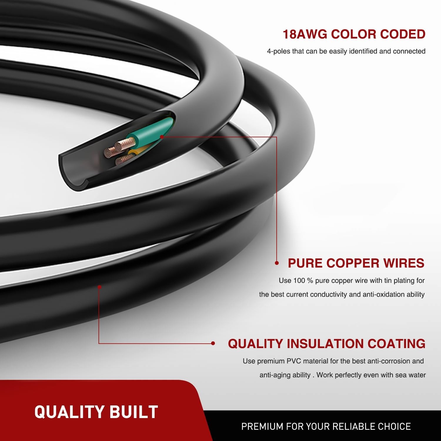 Nilight 4 Way Trailer End Connector 5 Feet Jacketed Cable Heavy Duty 18AWG 4 Pin